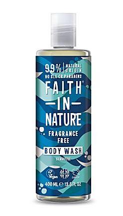a clear plastic bottle and cap with blue label decorated with blue leaves. Label shows faith in nature fragrance free body wash.