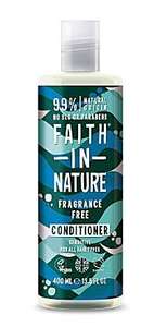 A clear plastic bottle and cap with blue leaf labelling. Label shows faith in nature fragrance free conditioner.
