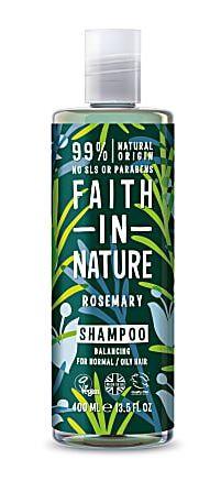 A clear plastic bottle and cap with a dark green label with images of green and blue leaves. label shows faith in nature rosemary shampoo.