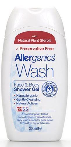 A white plastic bottle with flip top cap and blue text labelling. Label shows allergenics face and body shower gel.