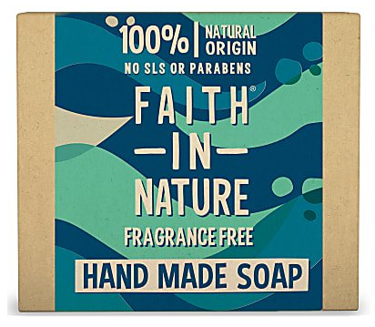 A natural brown rectangle card soap box with blue illustrated label with shades of blue leaves, label text shows faith in nature fragrance free soap