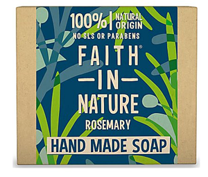 A natural brown rectangle soap box with illustrated decorations of green and blue leaves on a blue background. Text shows faith in nature rosemary hand made soap.