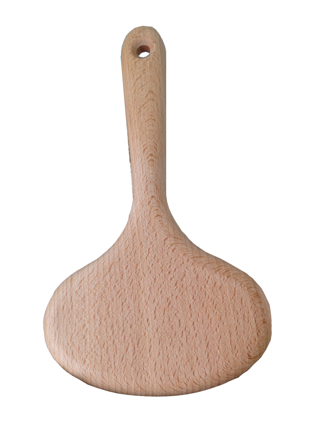 Back view of body brush natural light wood colour beechwood.  Short wood handle on oval head.