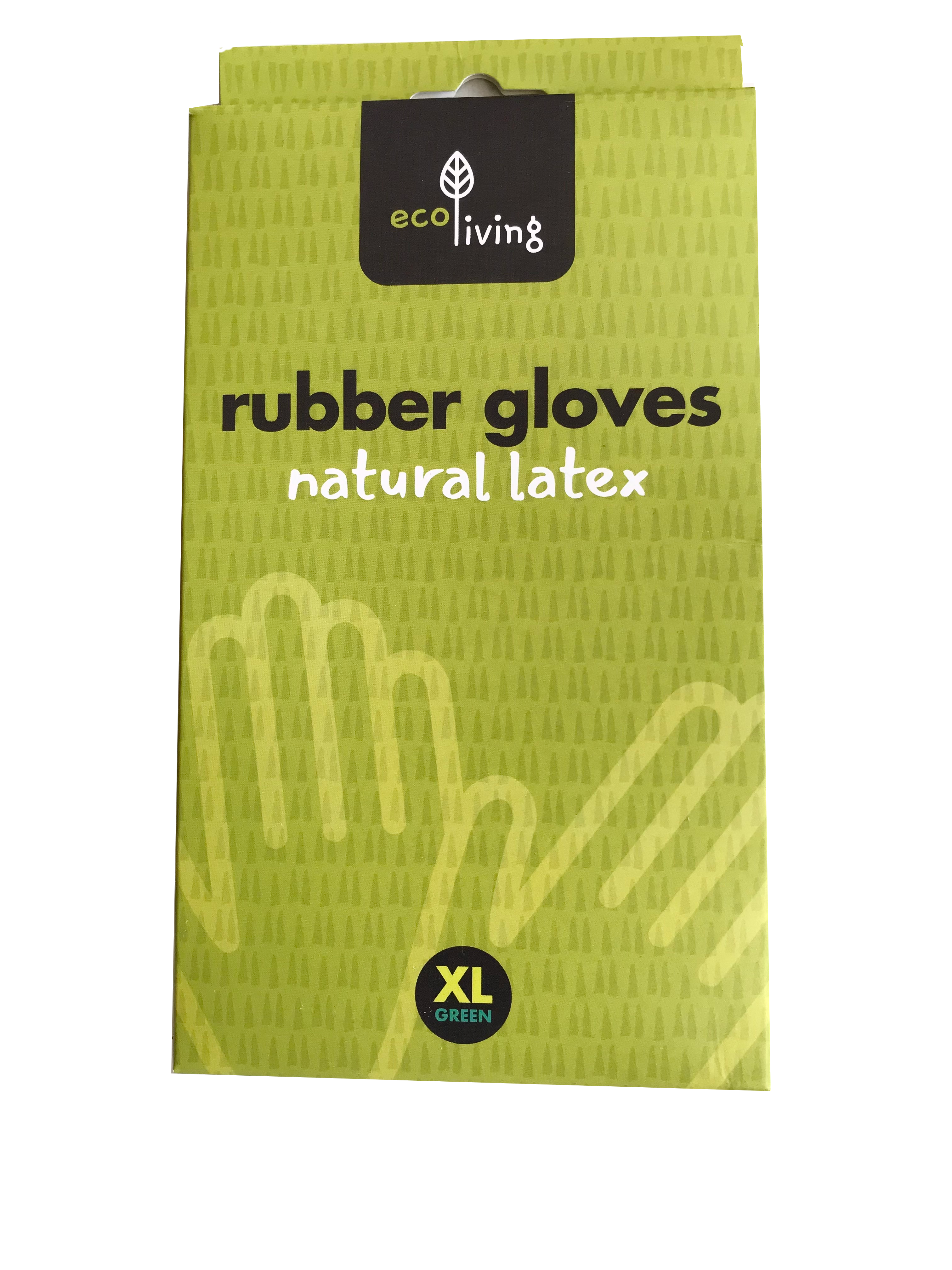 Bright green card box with black text labelling rubber gloves, white text natural latex