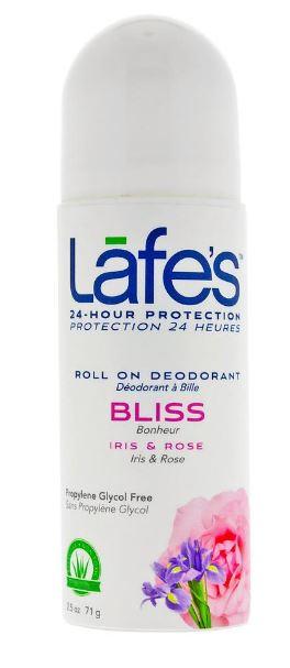 white plastic bottle with pink rose on label showing lafes roll on deodorant bliss