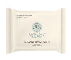 Cream packet with light green labelling showing AA tea tree oil and aloe vera bodycare cleansing wipes