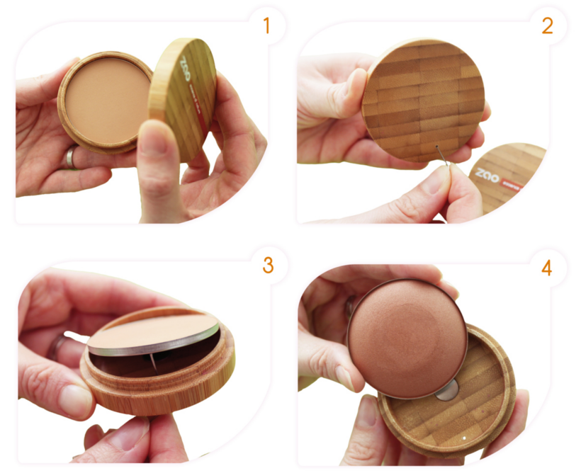 step by step 4 picture guide of powder compact being opened and  replaced with refill.