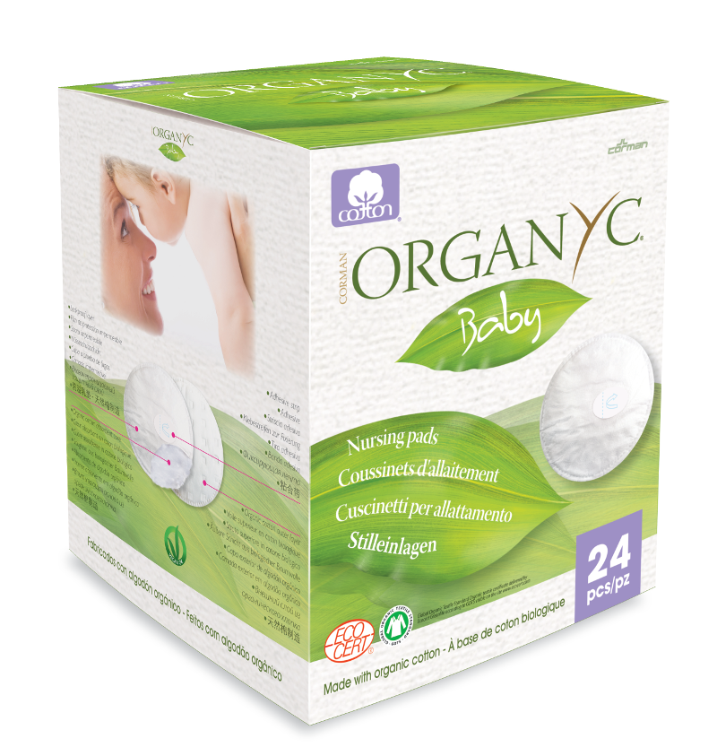 green and white box packaging displaying white cotton breast pad. Label shows Organyc.