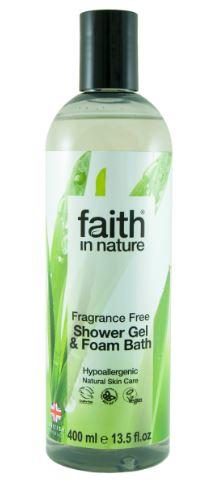 a clear plastic bottle with black cap. Photo image label of green leaves. Label shows faith in nature fragrance free shower gel