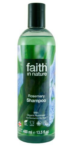 A clear plastic bottle with black cap and photo image of rosemary bush on label. Label shows faith in nature rosemary shampoo.