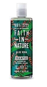 A clear bottle and cap, decorated label with graphic images of red aloe vera flowers and green leaves. Label shows faith in nature aloe vera shampoo