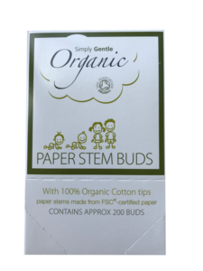 A white rectangle card box packaging with green text labelling showing simply gentle organic paper stem cotton buds