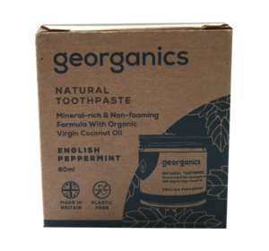 Natural Brown Card Box Packaging showing image of jar. Labelling shows georganics natural toothpaste english peppermint
