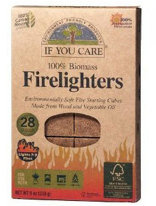 Natural card box packaging with small open oval in eh centre displaying brown firelighter cubes. Packaging shows if you care firelighters with tree symbol.