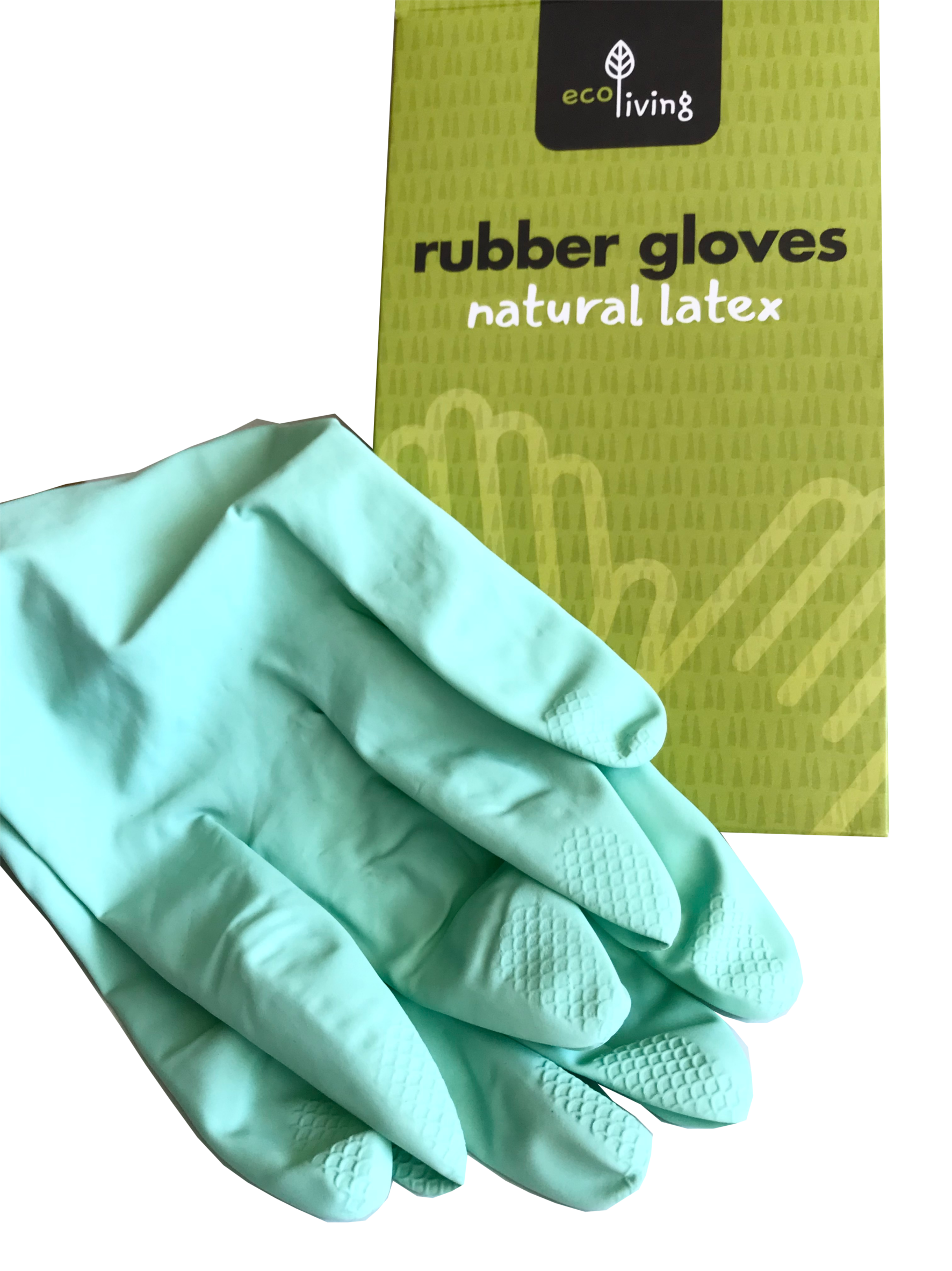 Light green rubber gloves with green card packaging showing rubber gloves natural latex