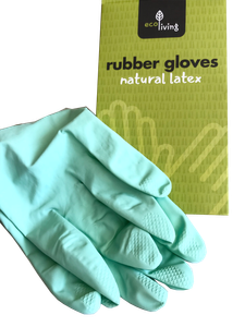 Light green rubber gloves with green card packaging showing rubber gloves natural latex