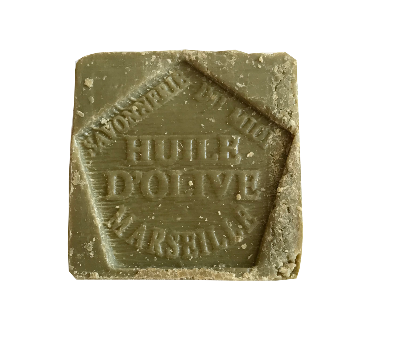 A chunky cube of olive green soap imprinted with huile d'olive marseille