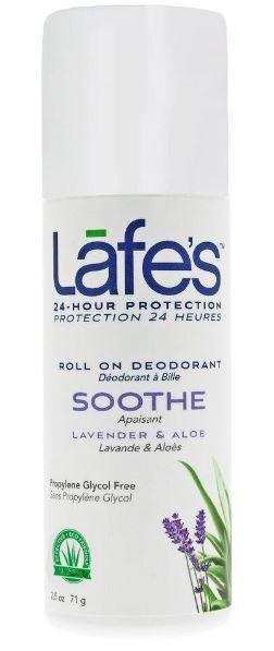 white plastic bottle with lavender flower on label shows lafes roll on deodorant soothe