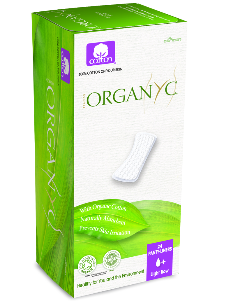 green and white box packaging of 24 flat panty liners label shows organyc