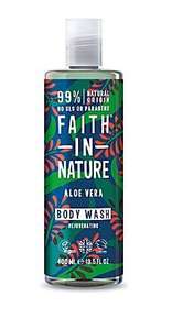 Clear plastic bottle and cap. Blue label decorated with red and blue leaves. Label shows faith in nature aloe vera body wash.