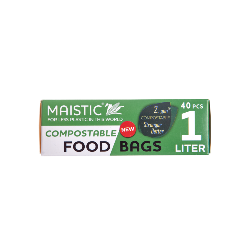 A green and white card box packaging showing maistic compostable food bags 1ltr.