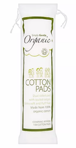 Clear plastic bag packaging contain white cotton wool pads. Green illustration on the bag showing simply gentle organic cotton pads.