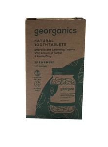A natural brown box packaging. Labelling shows georganics natural toothtablets spearmint.
