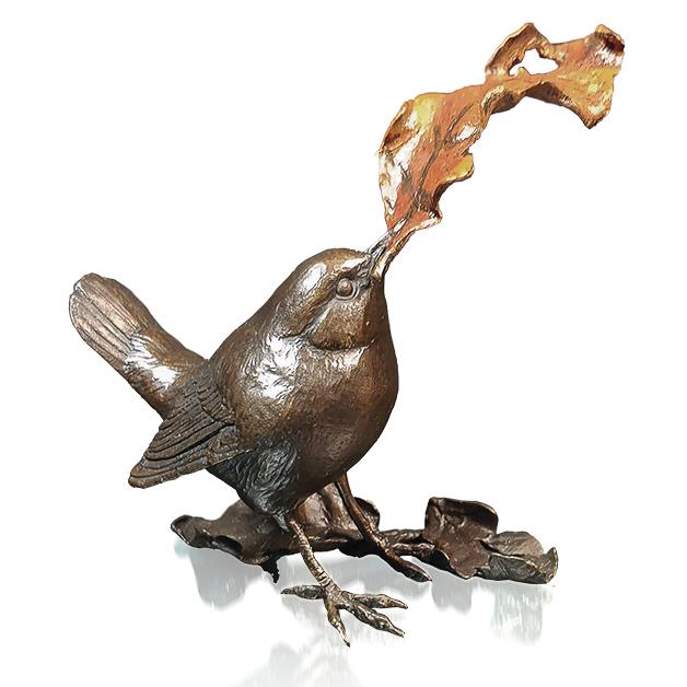 Wren with Oak Leaf by Michael Simpson - Bronze Bird Sculpture - 1128