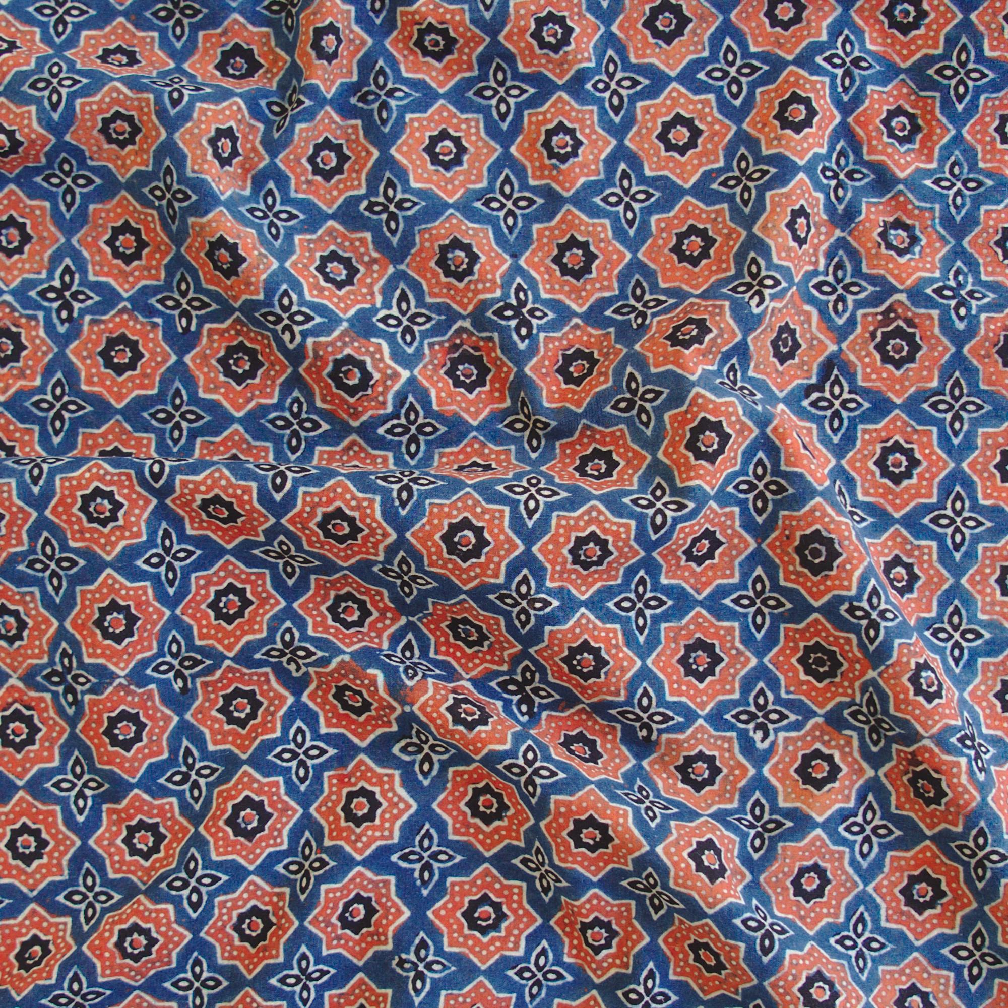 Block Printed Fabric, 100% Cotton, Ajrak Design: Blue Indigo Base, Red Madder Star. Contrast