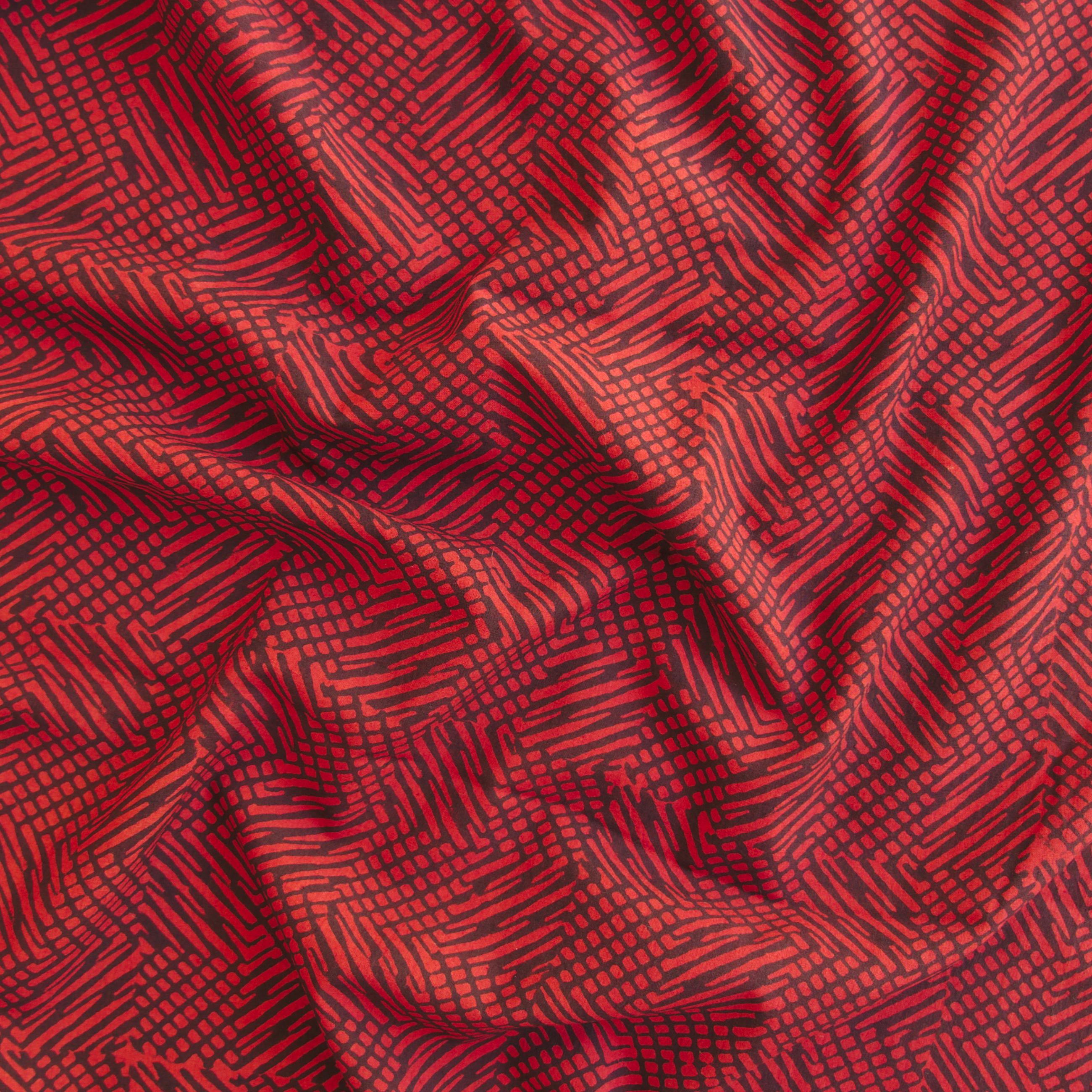 SIK29 - Block-Printed Cotton Yardage Sample - Squiggle Design - Black Iron and Red Alizarin Dye - Contrast
