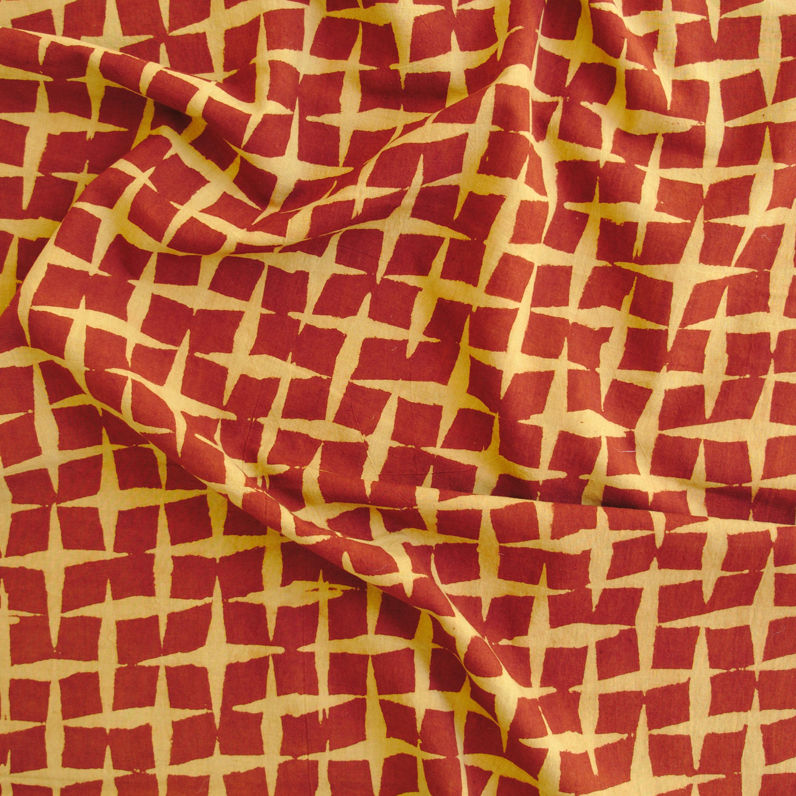 100% Block-Printed Cotton Fabric from India - Ajrak - Alizarin Maroon Crosses, Turmeric Yellow Spray Print