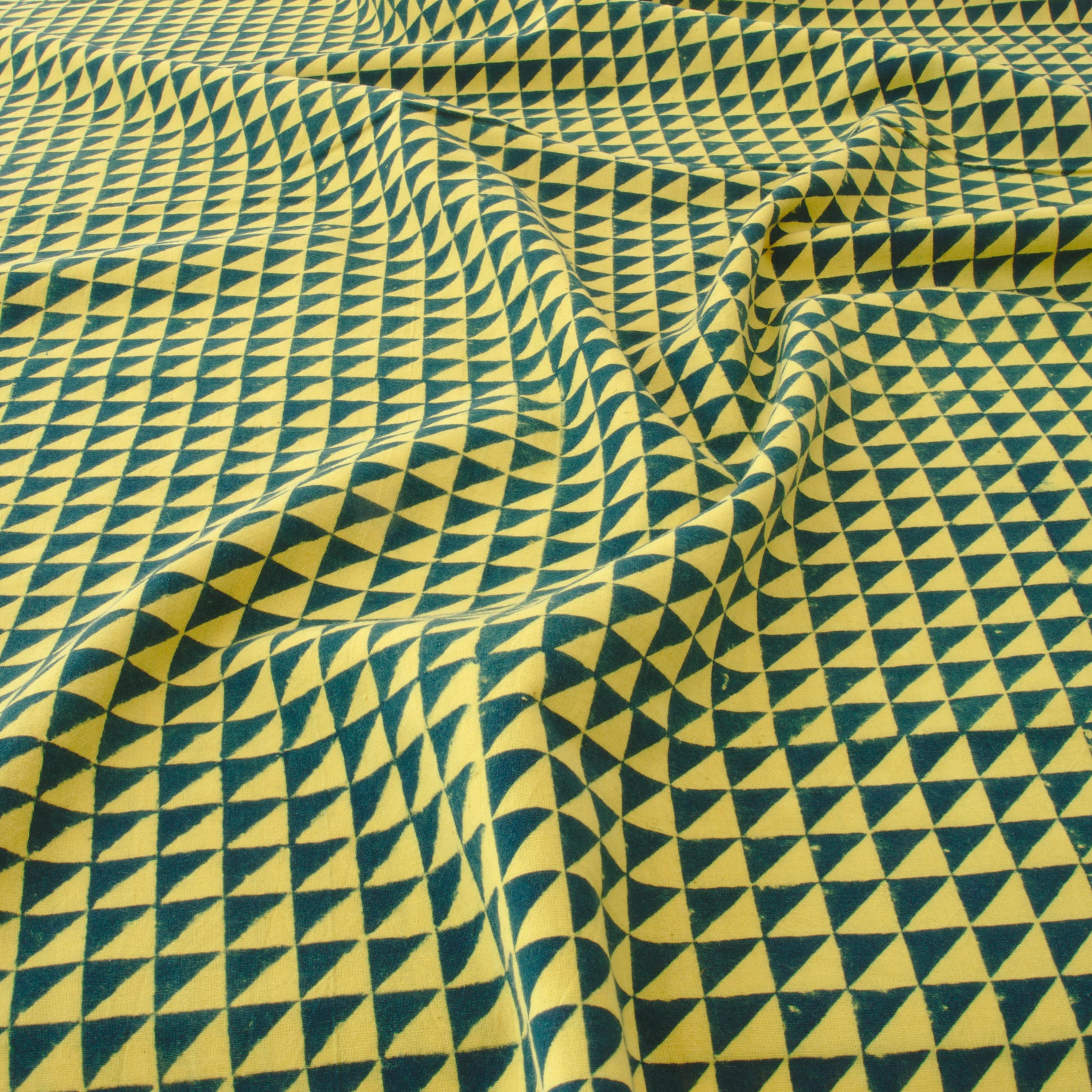 SIK27 - Block-Printed Cotton Fabric From India - Half Squares Design - Pomegranate Yellow and Green Indigo Dye - Angle