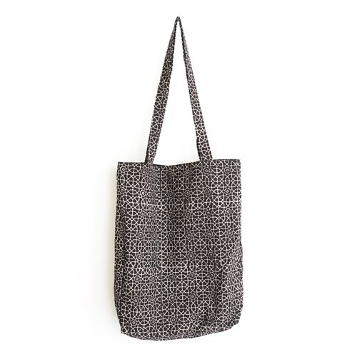 block printed cotton tote bag, natural dye, black, beige octagon design, lined with black cotton, closed