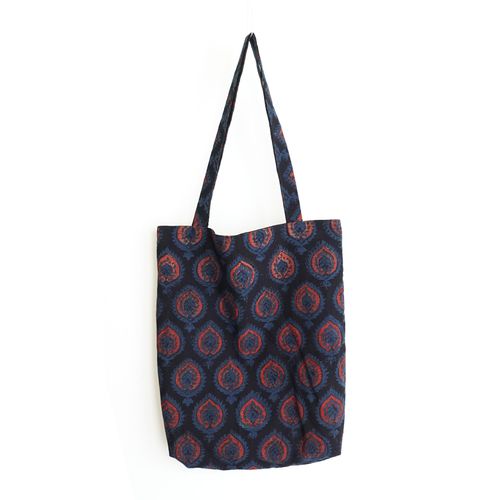 block printed cotton tote bag, natural dye, black, blue red crest design, lined with black cotton, closed