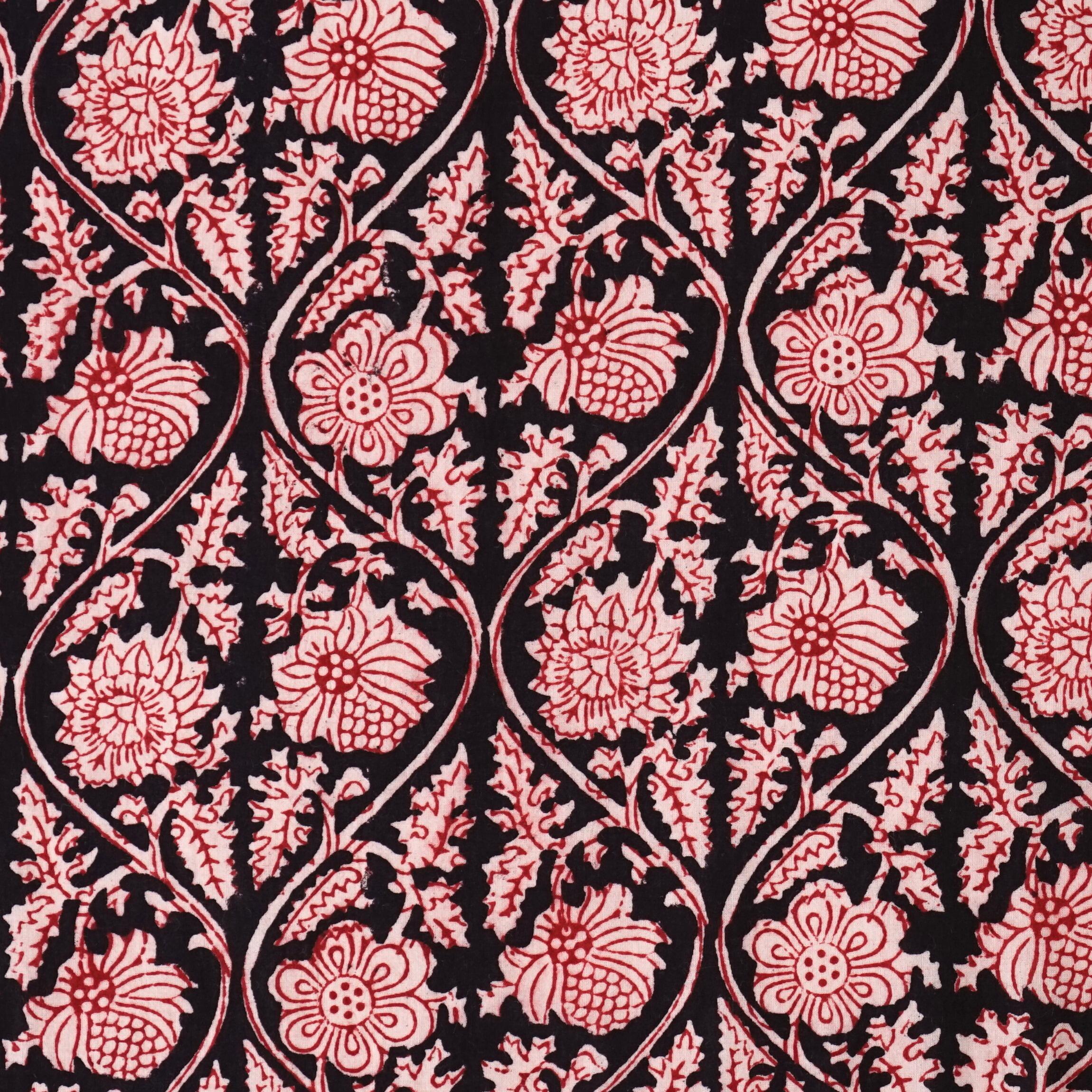 100% Block-Printed Cotton Fabric From India - Vinea Design - Iron Rust Black & Alizarin Red Dyes - Flat