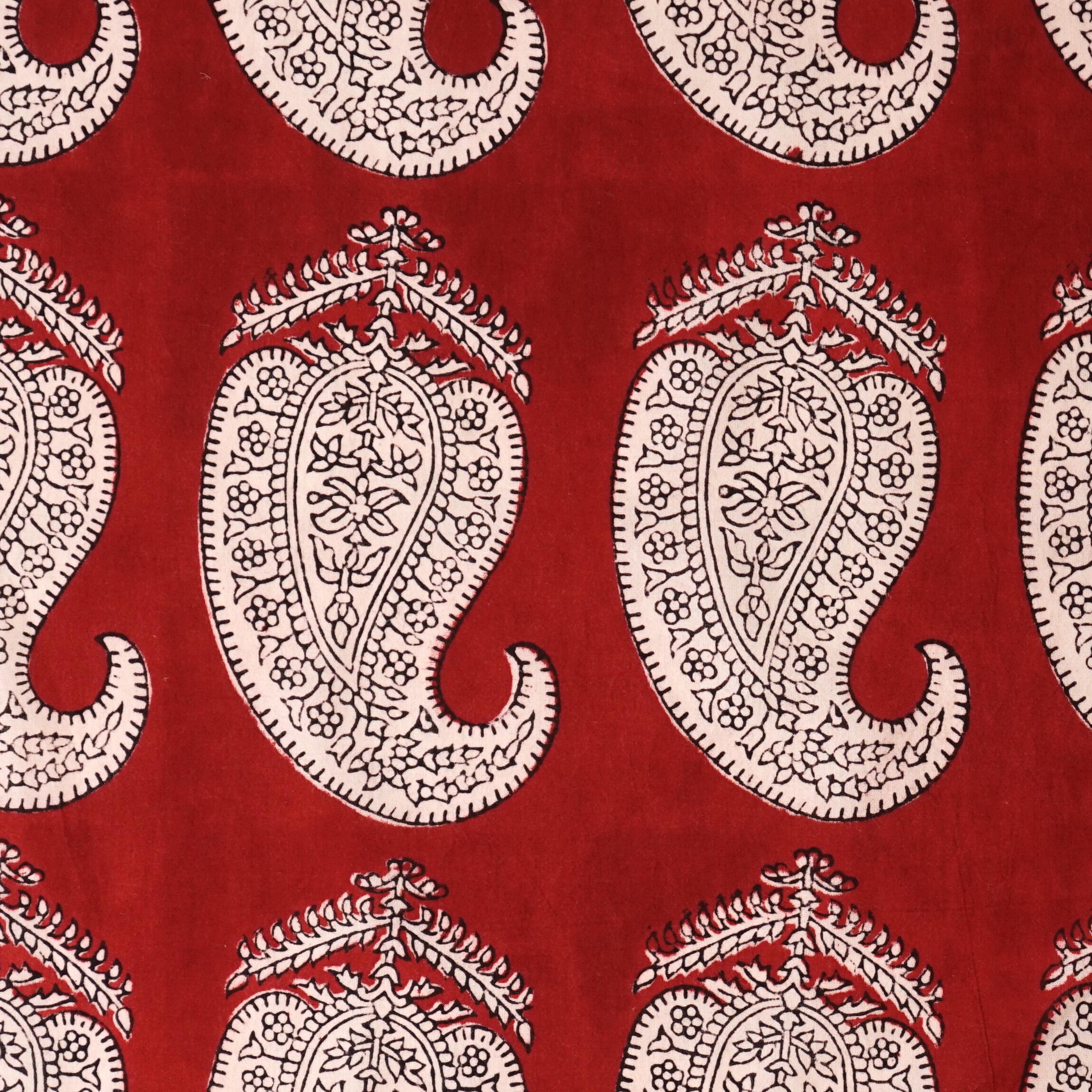 100% Block-Printed Cotton Fabric From India - Breadfruit Design - Iron Rust Black & Alizarin Red Dyes - Flat