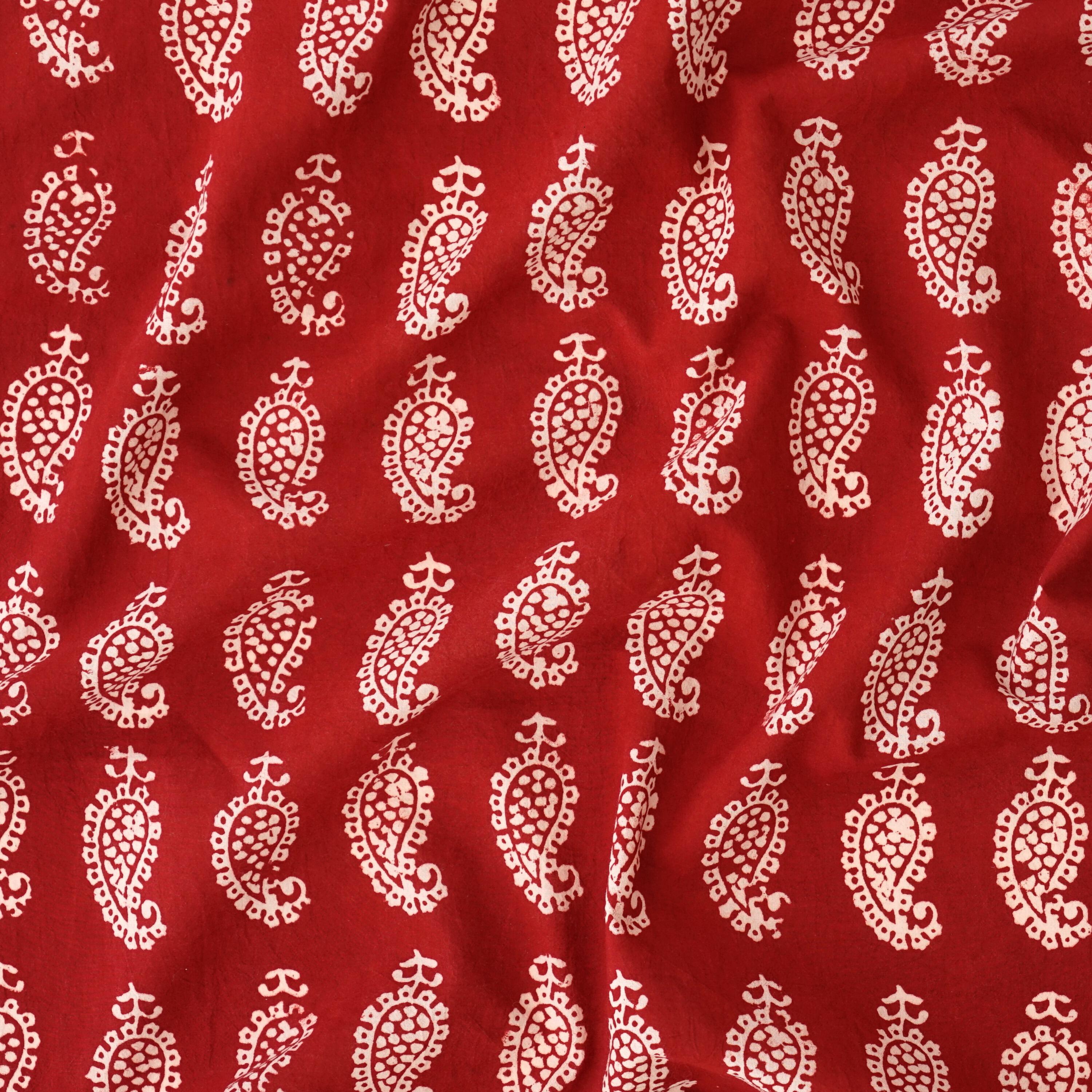 100% Block-Printed Cotton Fabric From India - Raindrops Design - Iron Rust Black & Alizarin Red Dyes - Contrast
