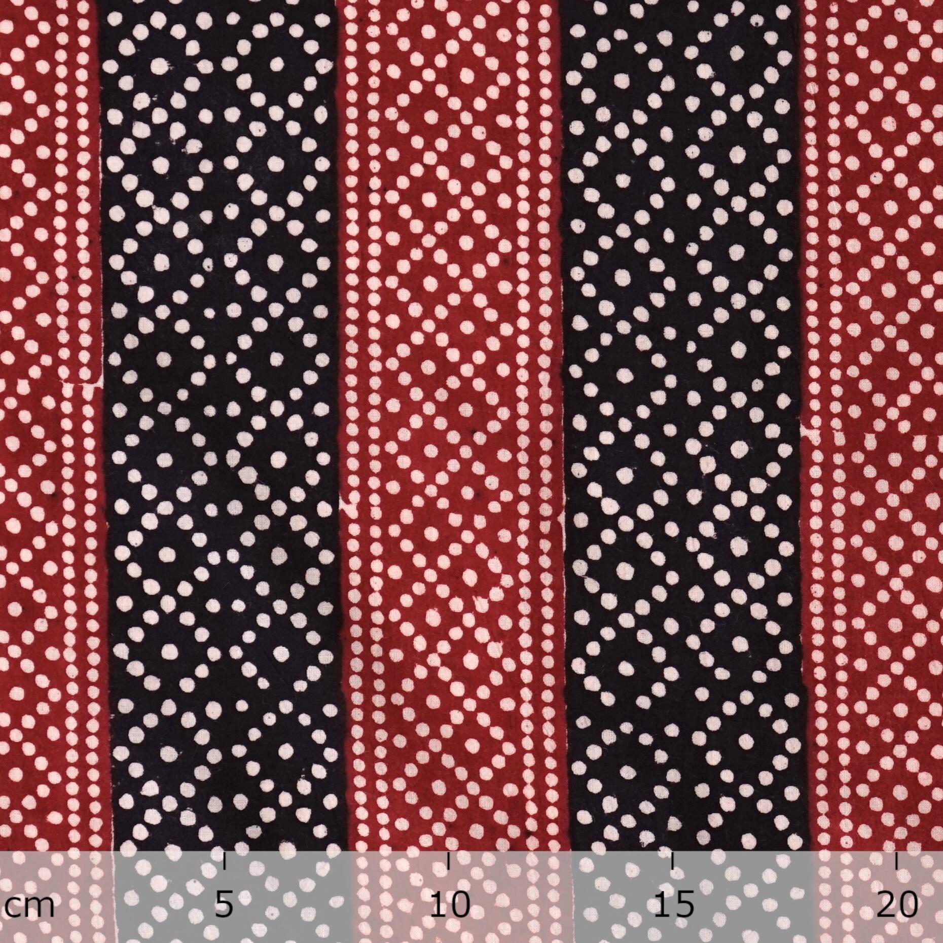100% Block-Printed Cotton Fabric From India - Pixels Design - Iron Rust Black & Alizarin Red Dyes - Ruler
