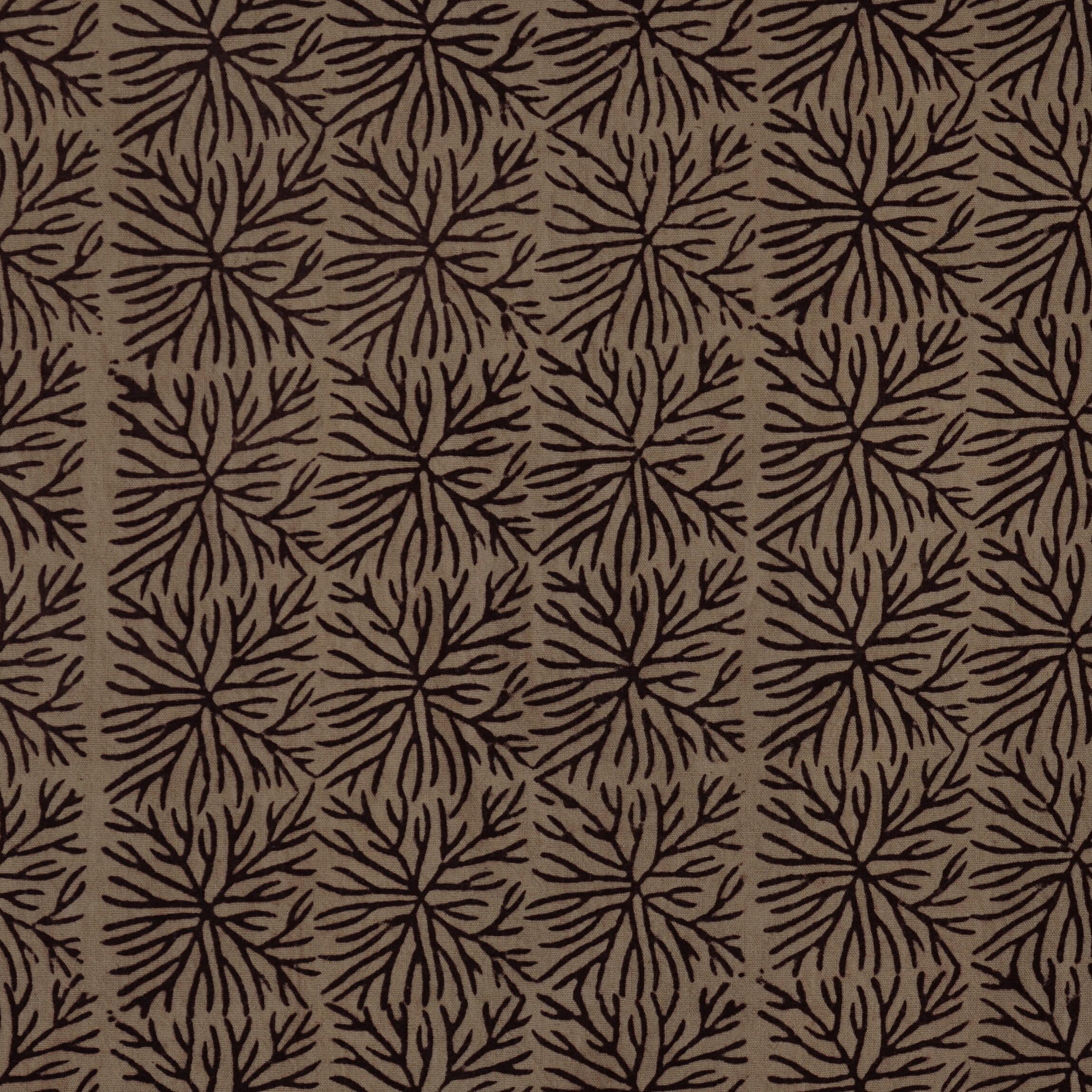 100% Block-Printed Cotton Fabric From India- Bagh - Iron Rust Black & Indigosol Khaki - Pagan Crown Print - Flat