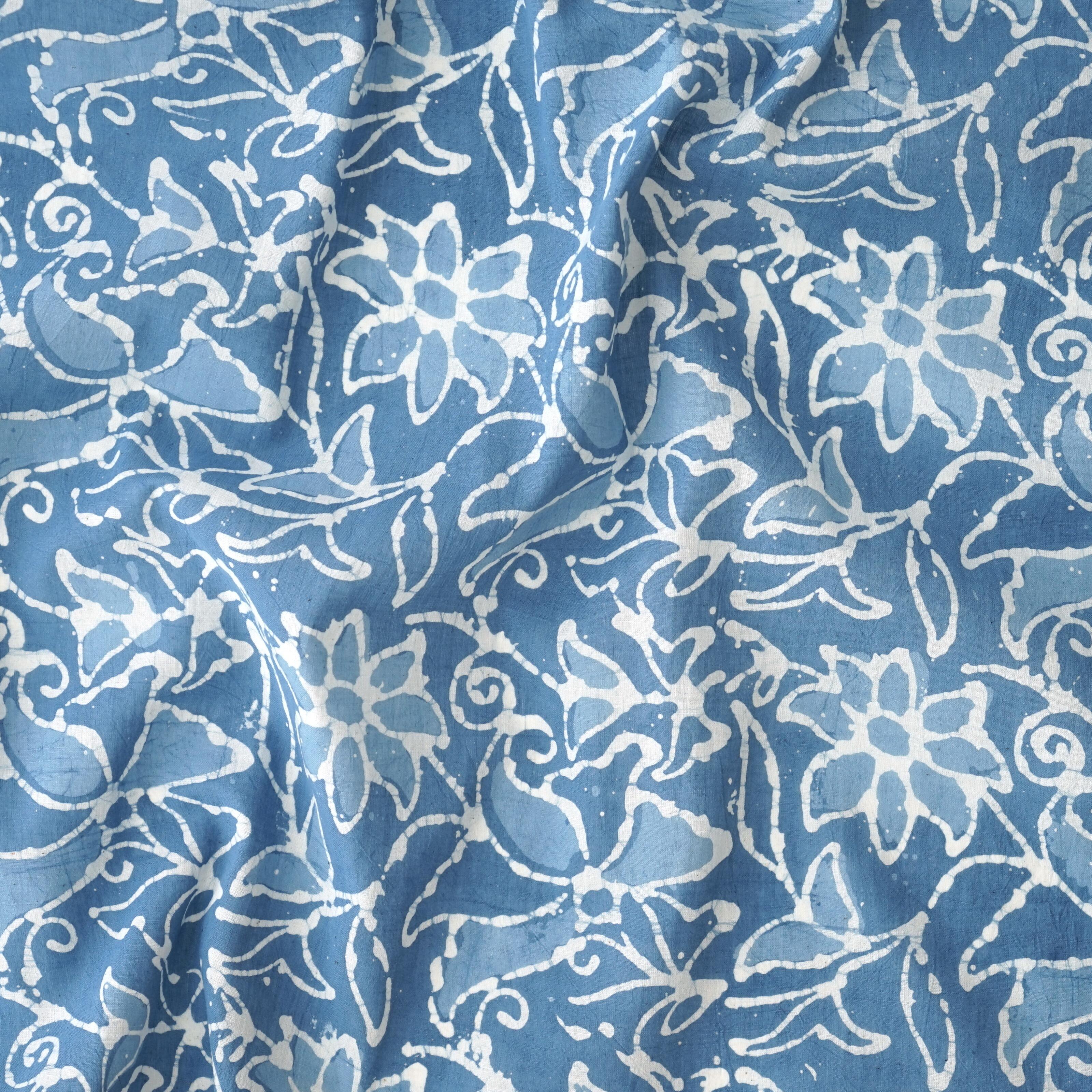 100% Block-Printed Batik Cotton Fabric From India - Blooming Blue Motif - Contrast