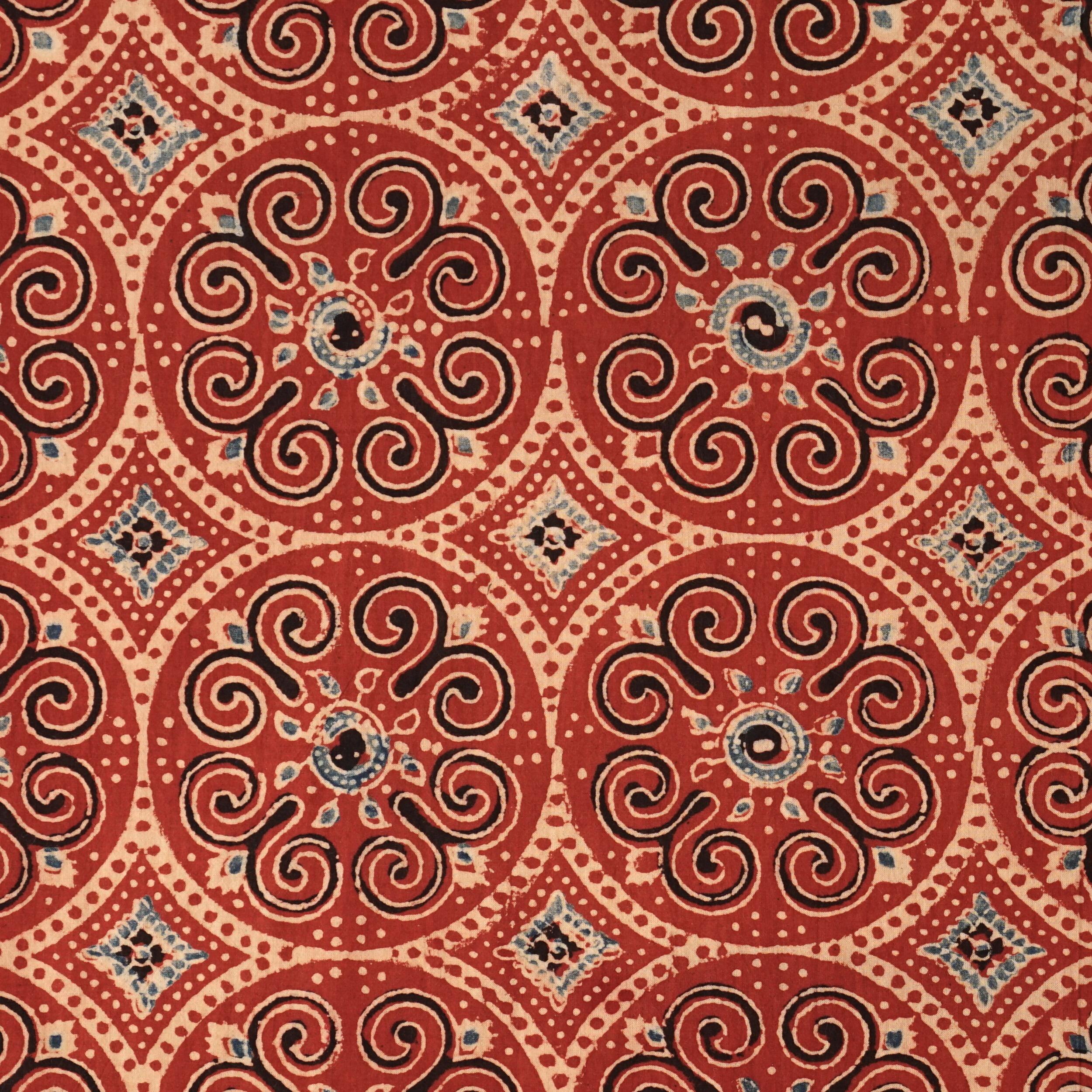Traditional Ajrak Block-Printed Cotton - Ratatouille Print - Iron Black, Alizarin Red, Indigo - Flat