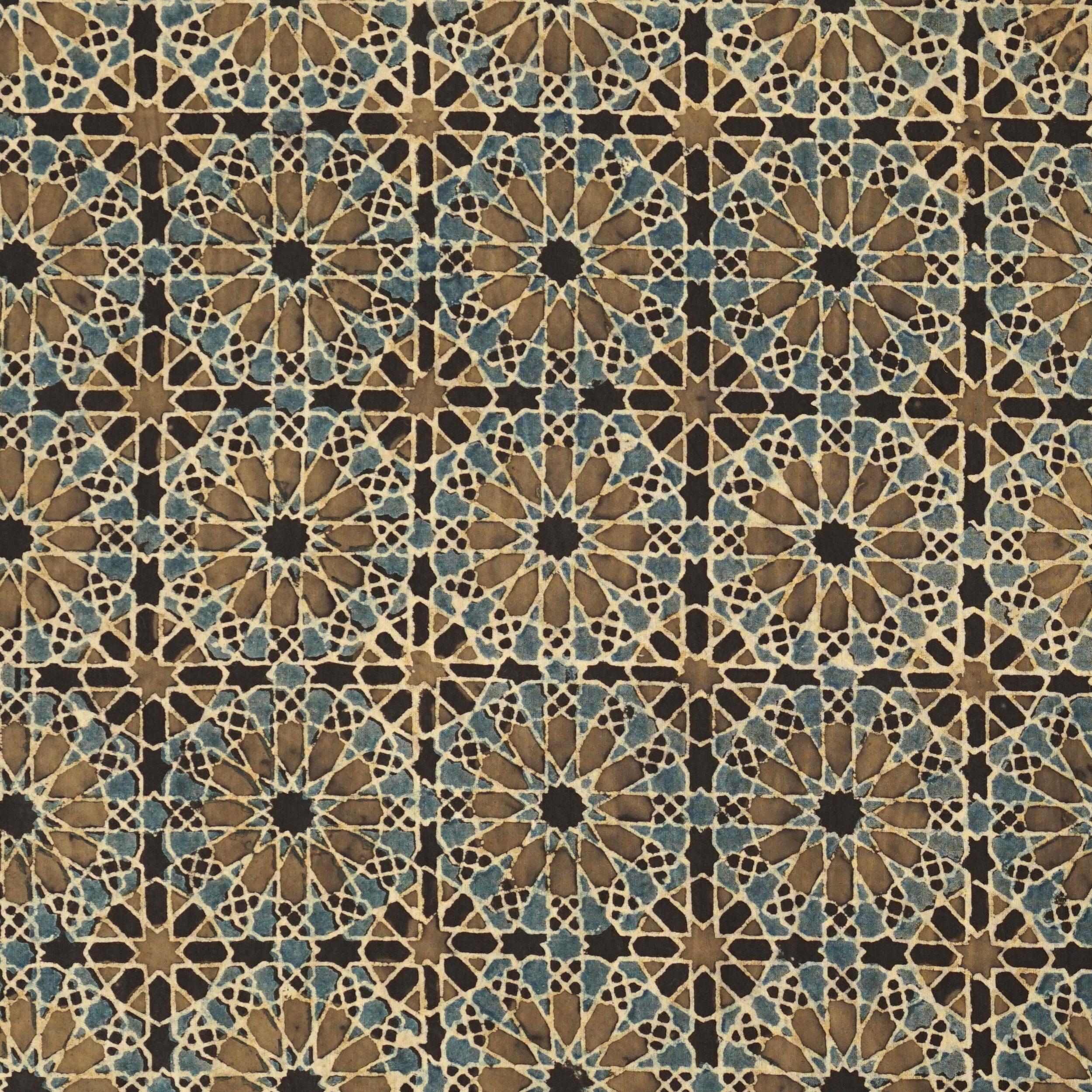 SIK08 - Indian Block Printed Cotton Fabric - Ajrak - Coffee Brown Base, Green, Lime Web - Flat
