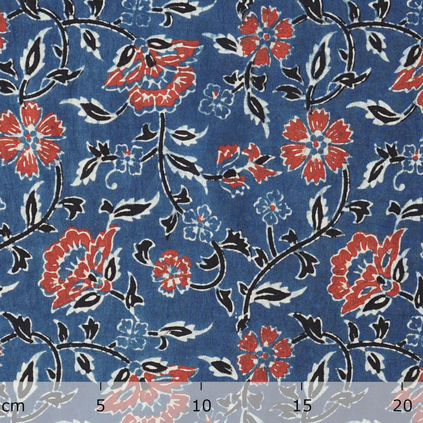 SIK30 - Indian Block-Printed Cotton - Spring Breeze Design - Indigo, Red & Black Dye - Ruler