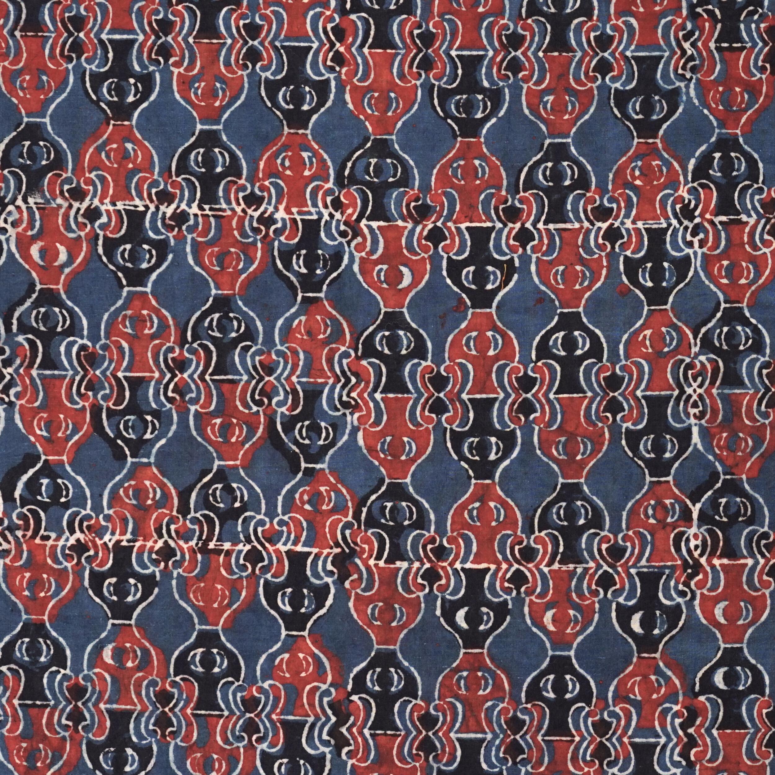 Block Printed Fabric, 100% Cotton, Ajrak Design: Indigo Blue Base, Iron Black, Madder Red Pump. Flat
