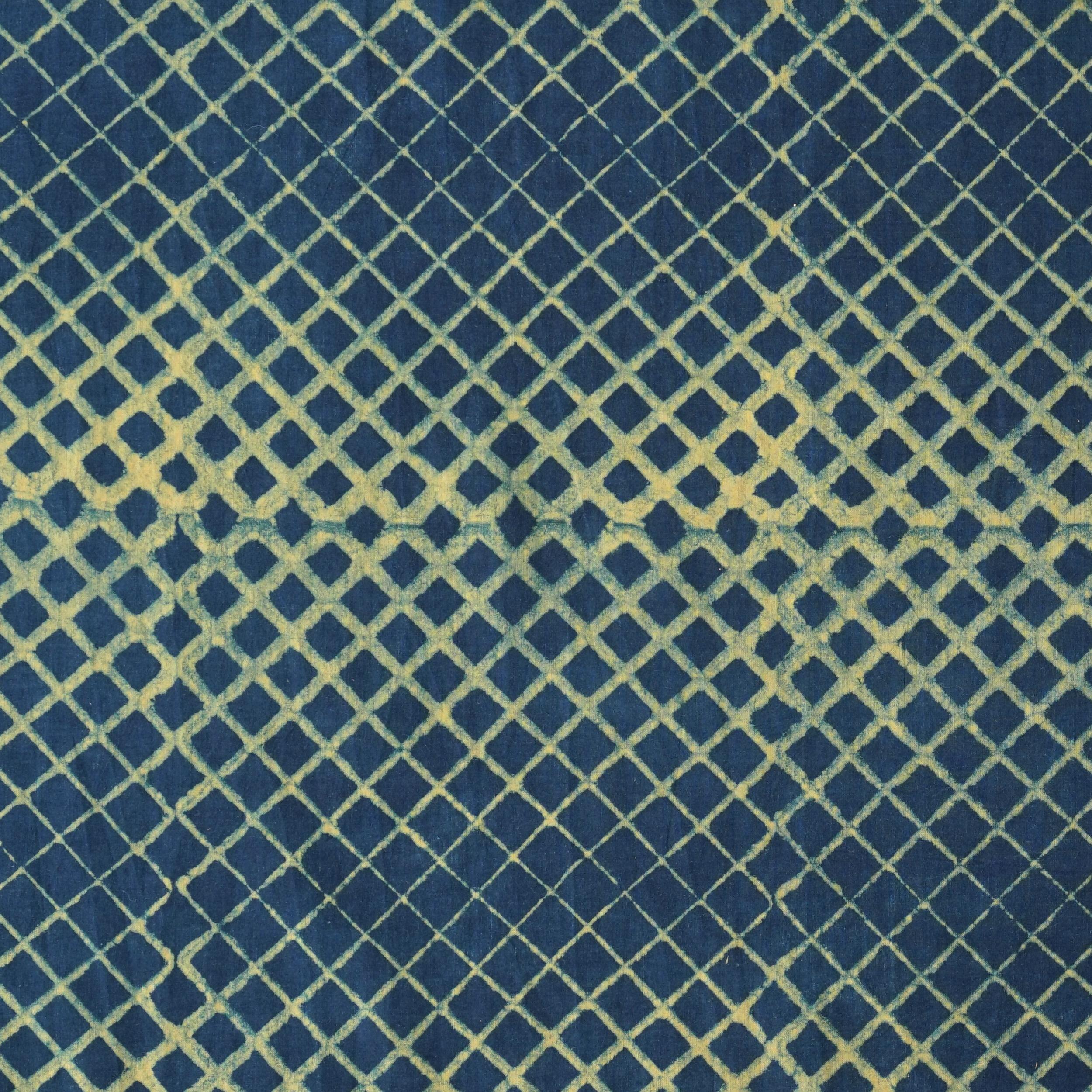 2 - AHM46 - Block-Printed Cotton - Fading Grid Print - Indigo Blue & Tamarisk Yellow Dyed - Flat