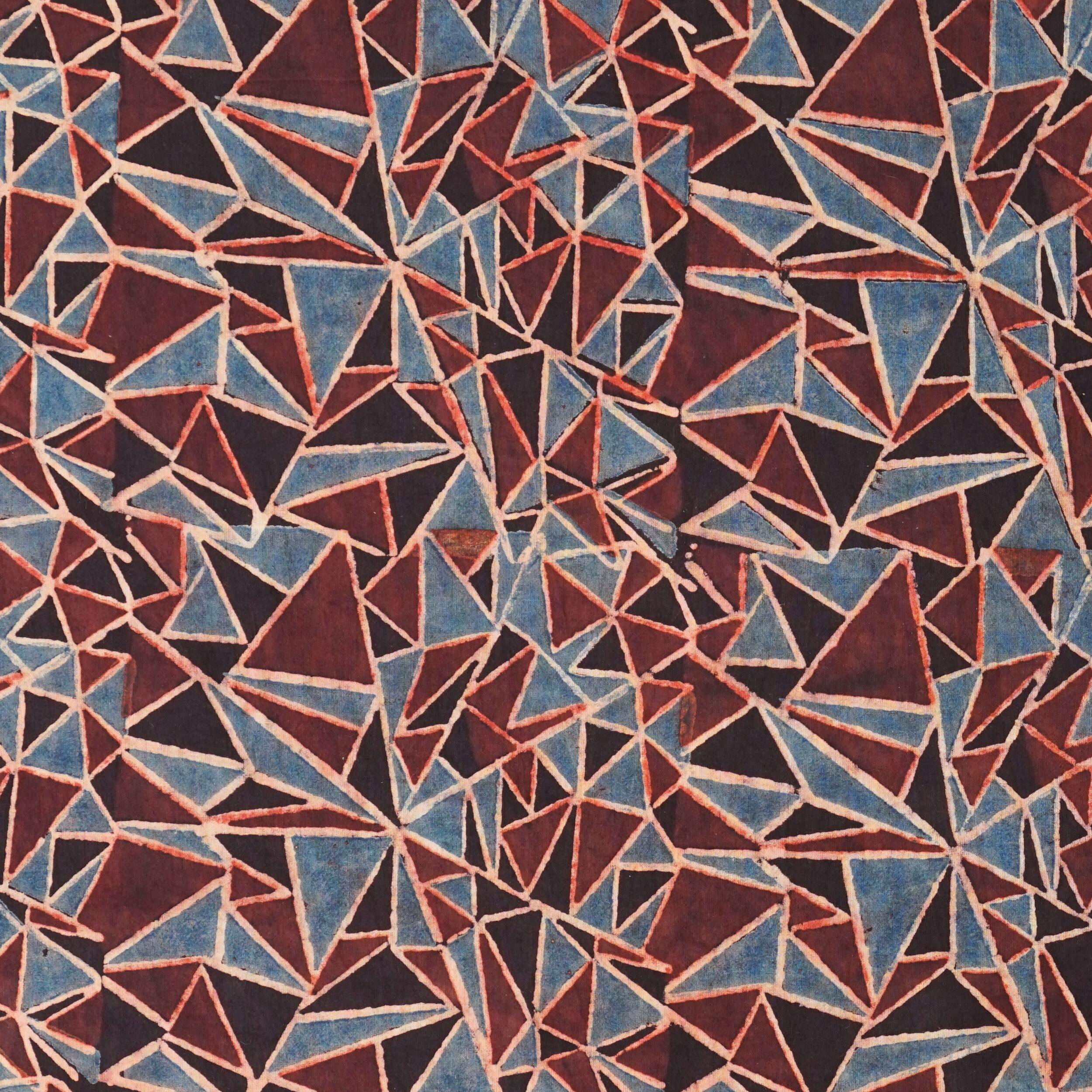 SIK34 - Indian Block-Printed Cotton - Shattered Design - Indigo, Red & Black Dye - Flat