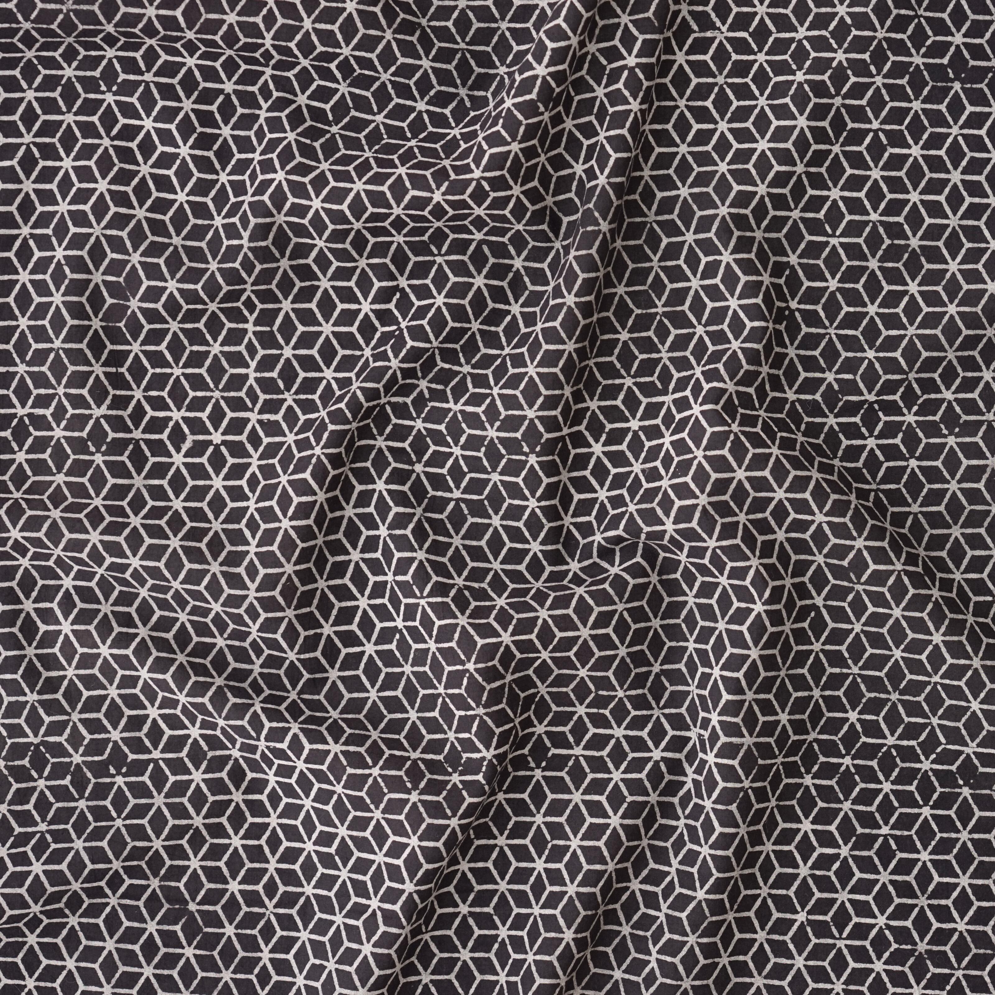 Block Printed Fabric, 100% Cotton, Ajrak Design: Iron Black Base, White Tumbling Block. Contrast