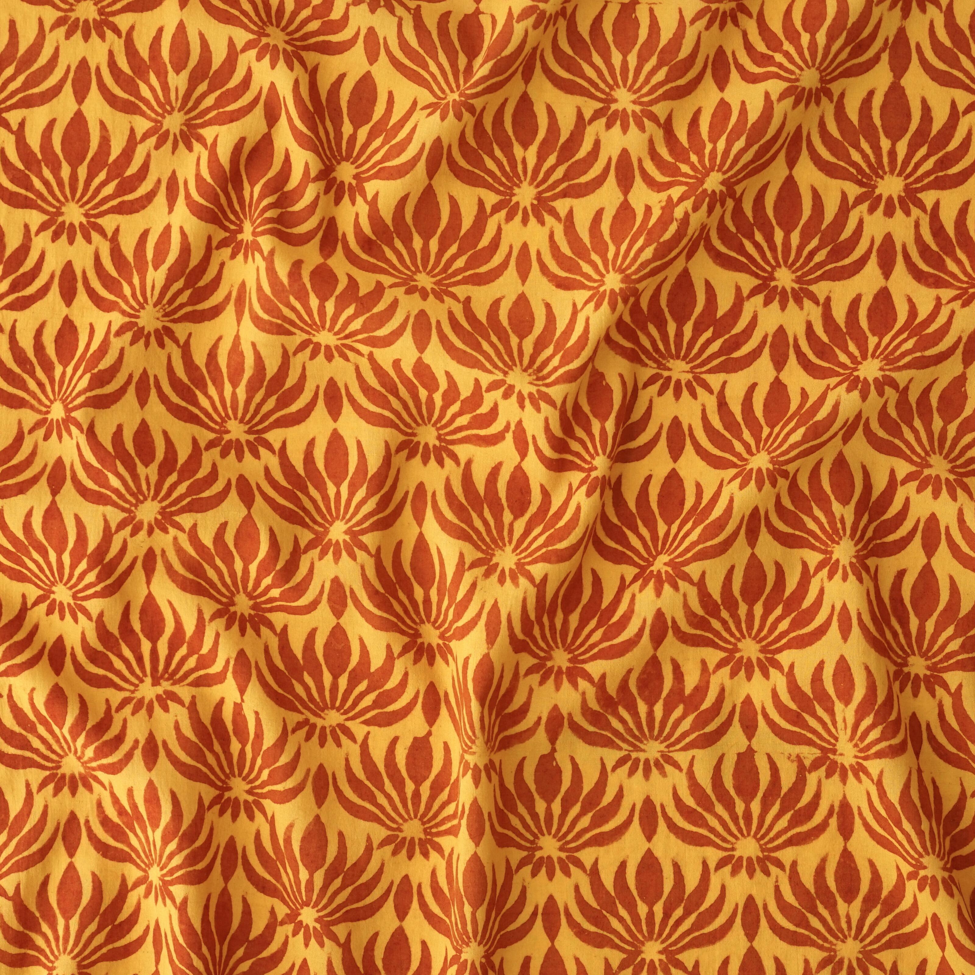 2 - AHM01 - 100% Block-Printed Cotton Fabric from India - Ajrak - Alizarin Maroon Lotus Flower, Turmeric Yellow Spray Print - Contrast