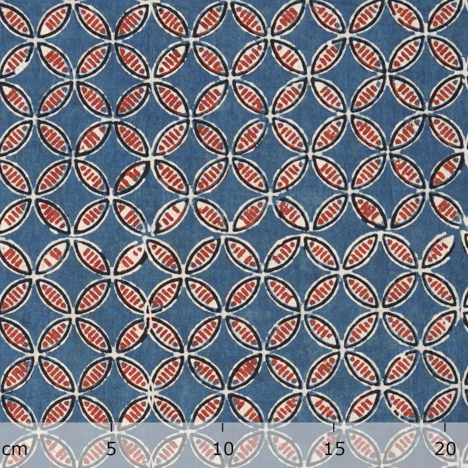 4 - SIK58 - Hand Block-Printed Cotton - Interlocking Circles Design - Red Alizarin, Indigo Blue, Black Dyes - Ruler