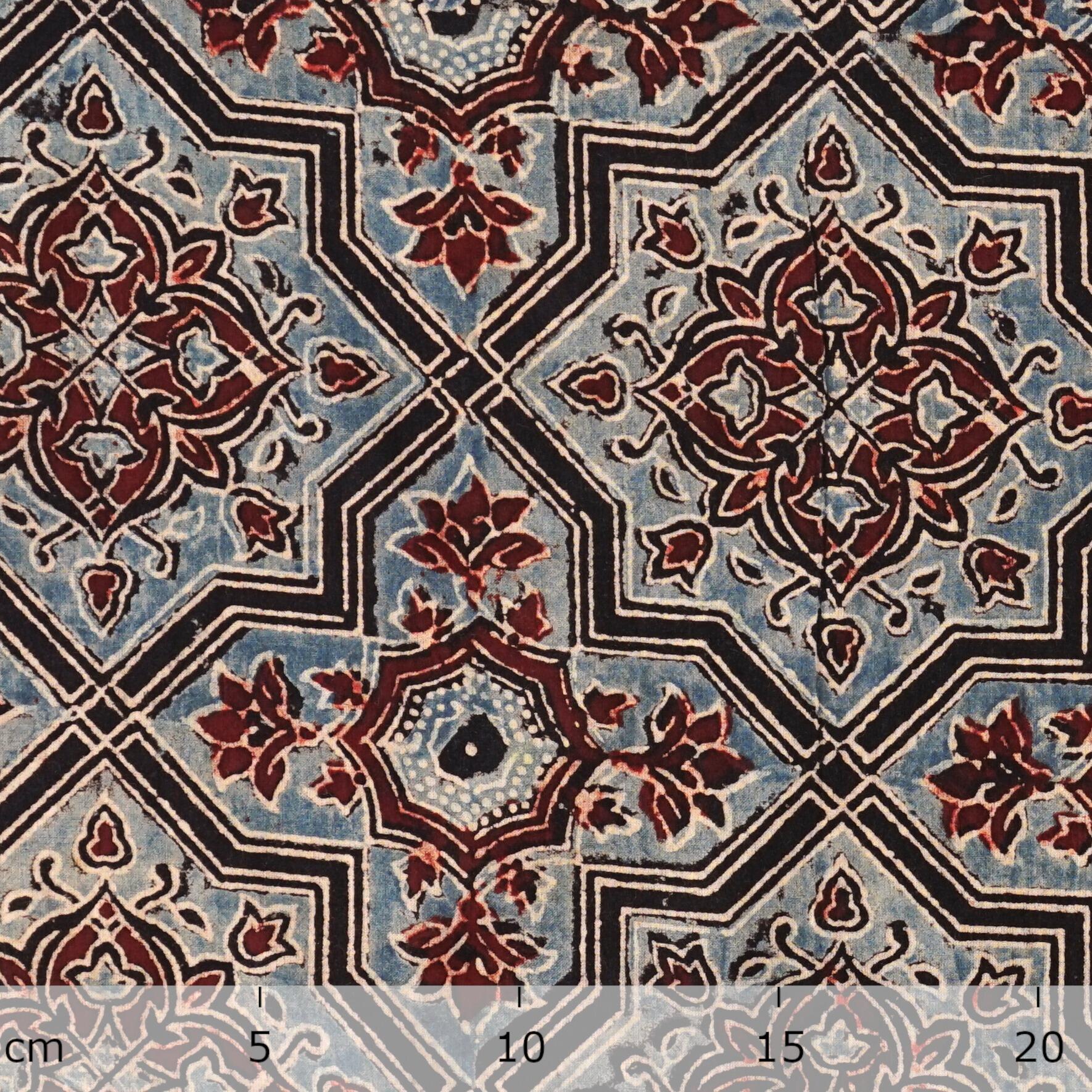 North Indian Block-Printed Cotton - Aaina Mahal Design - Alizarin Red, Indigo and Black Dyes - Ruler